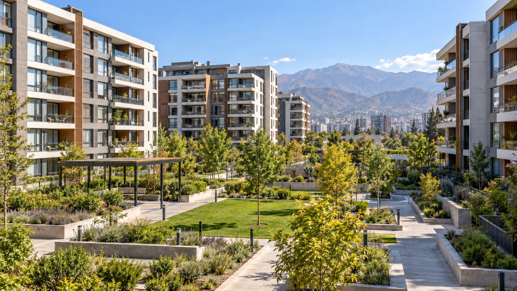 Conjunto residencial de edificios con áreas comunes